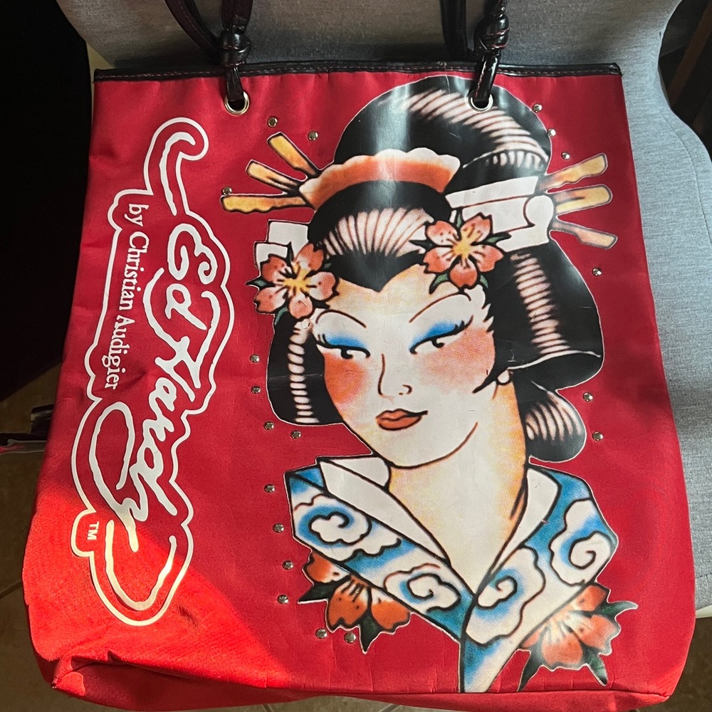 Christian Audigier Red Geisha Print Tote with Black Handles